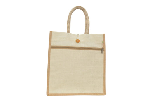 WHITE JUTE BAG – WITH BUTTON AND POCKET