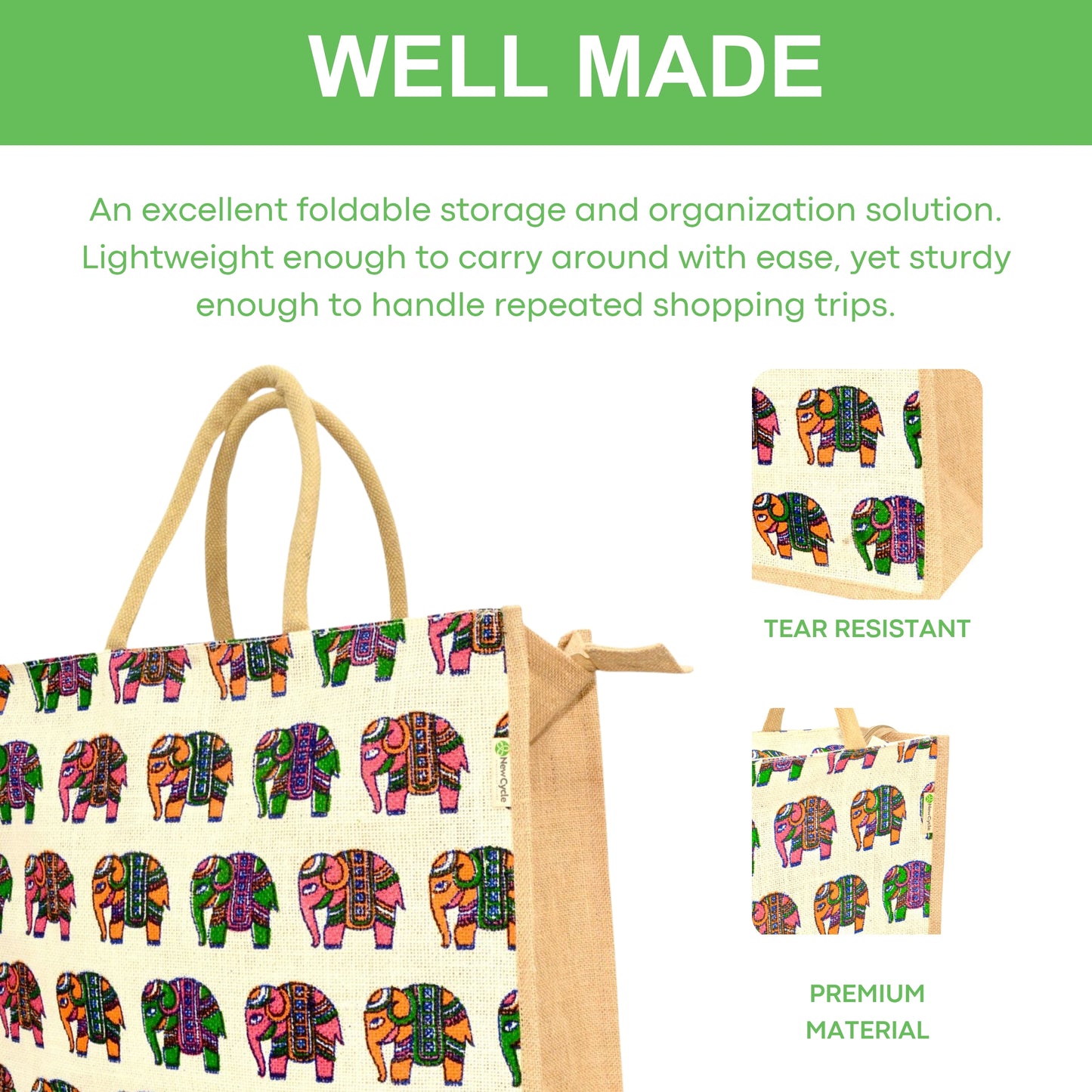 Indian Elephant Large Jute Bag With Zipper