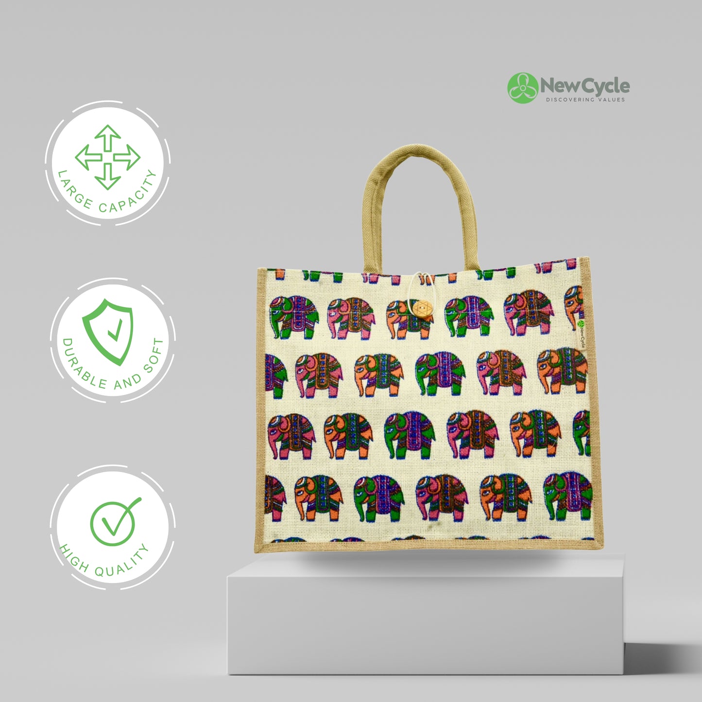 Indian Elephant Large Jute Bag With Zipper