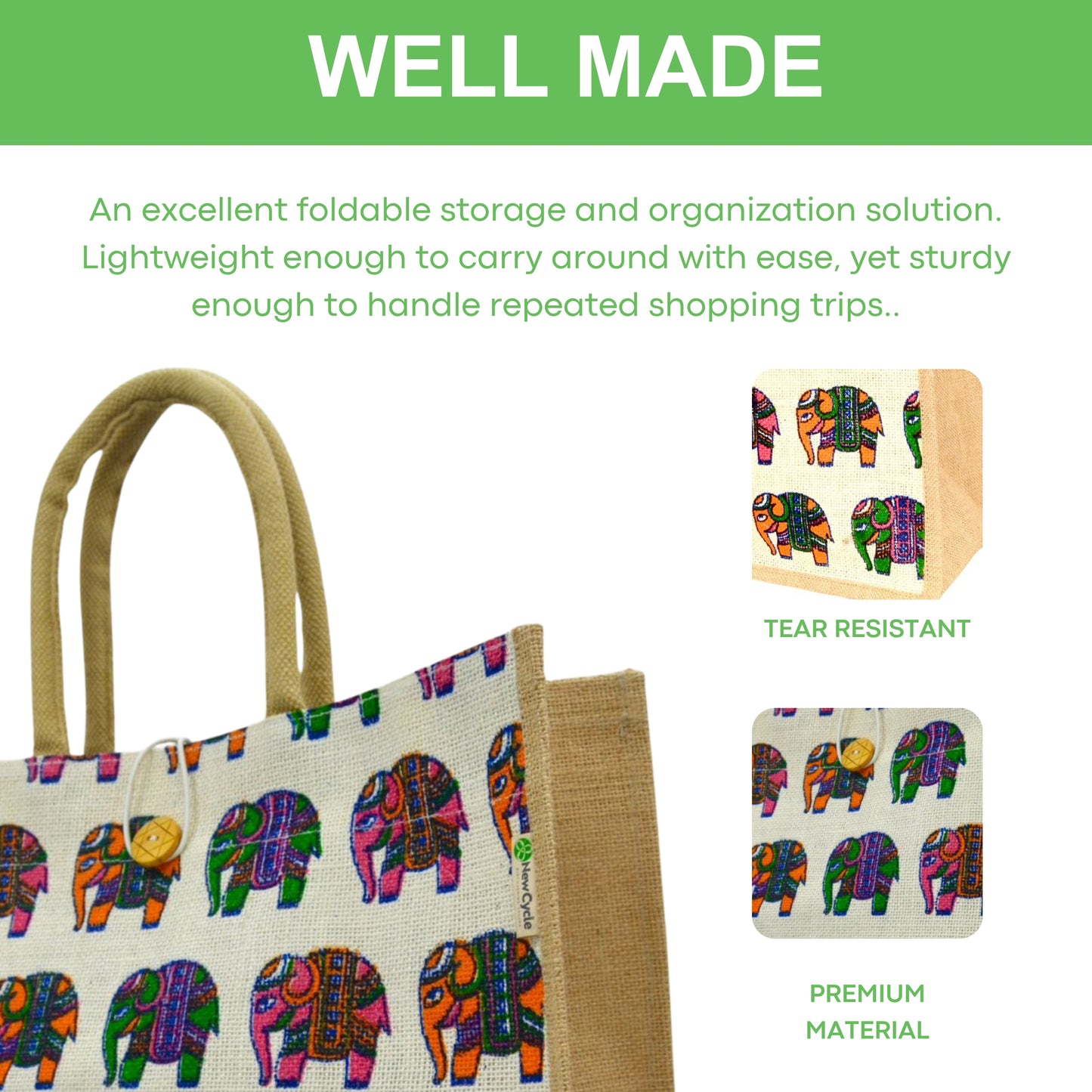 Indian Elephant Large Jute Bag With Zipper