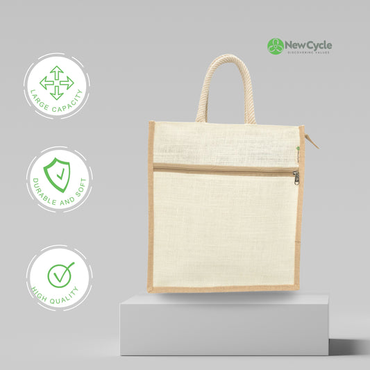 WHITE JUTE BAG MEDIUM – WITH BUTTON  AND POCKET