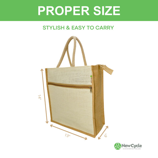 WHITE JUTE BAG MEDIUM – WITH BUTTON  AND POCKET