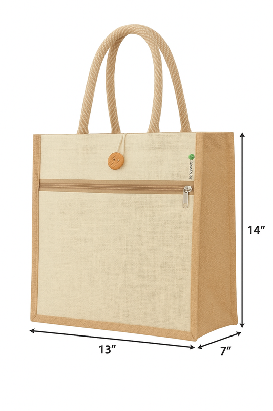 WHITE JUTE BAG – WITH BUTTON AND POCKET