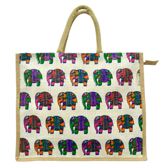 Indian Elephant Large Jute Bag With Zipper