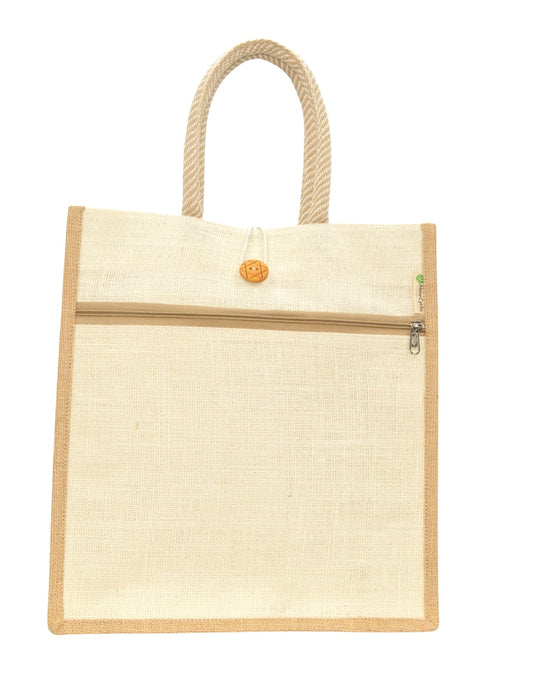 WHITE JUTE BAG MEDIUM – WITH BUTTON AND POCKET