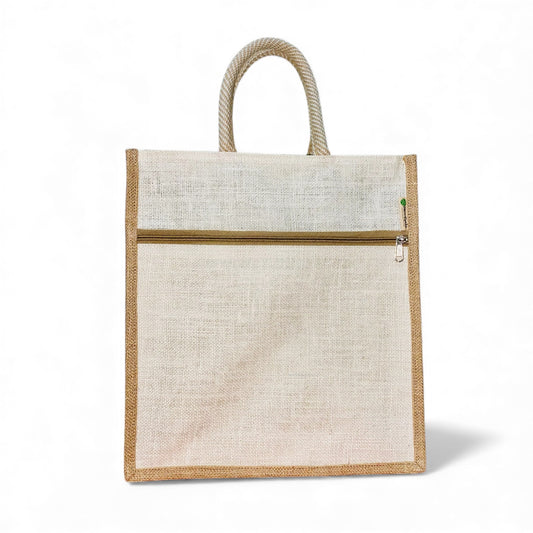 WHITE JUTE BAG MEDIUM – WITH BUTTON  AND POCKET